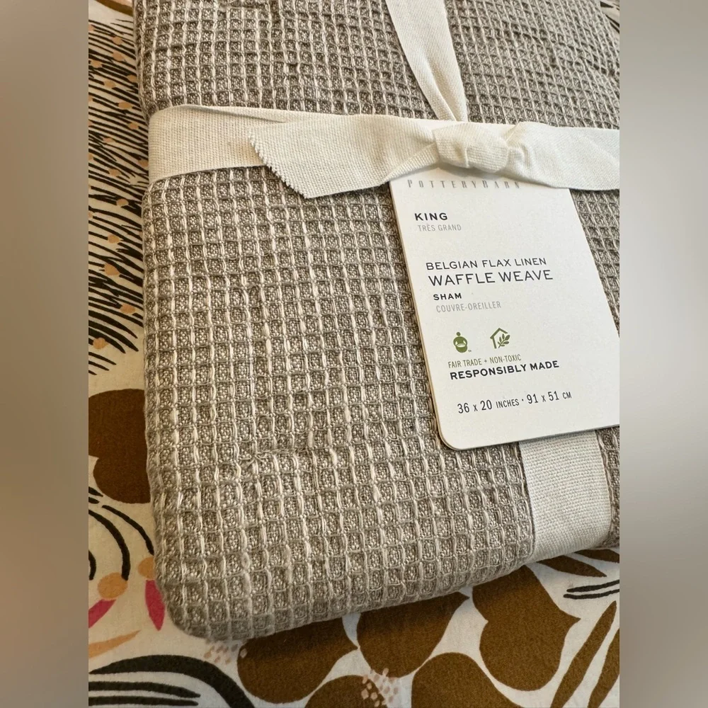 NEW Pottery Barn Belgian Flax Linen Waffle Weave King Pillow Sham Eucalyptus NWT